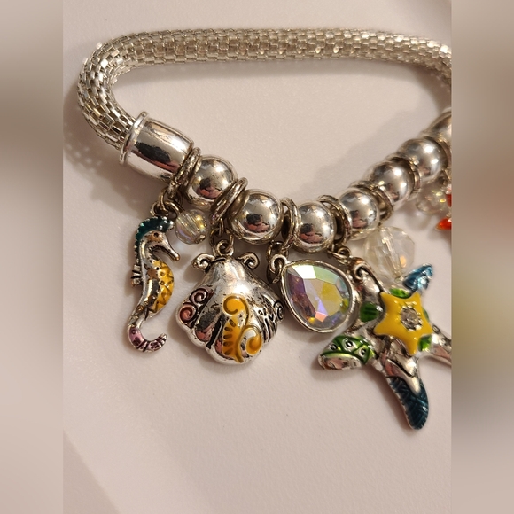 Sea ocean charm bracelet AB crystal starfish seahorse shells mesh stretch silver - Picture 9 of 11